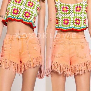 POL Orange Distressed Fringe Shorts